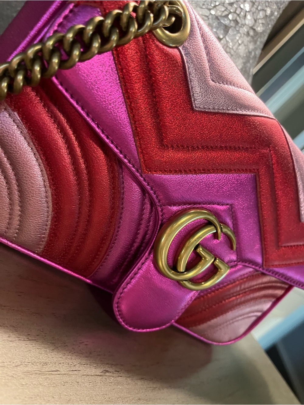 Gucci Chevron Shoulder Bag in Pink, Red & Purple - Picture 10 of 17